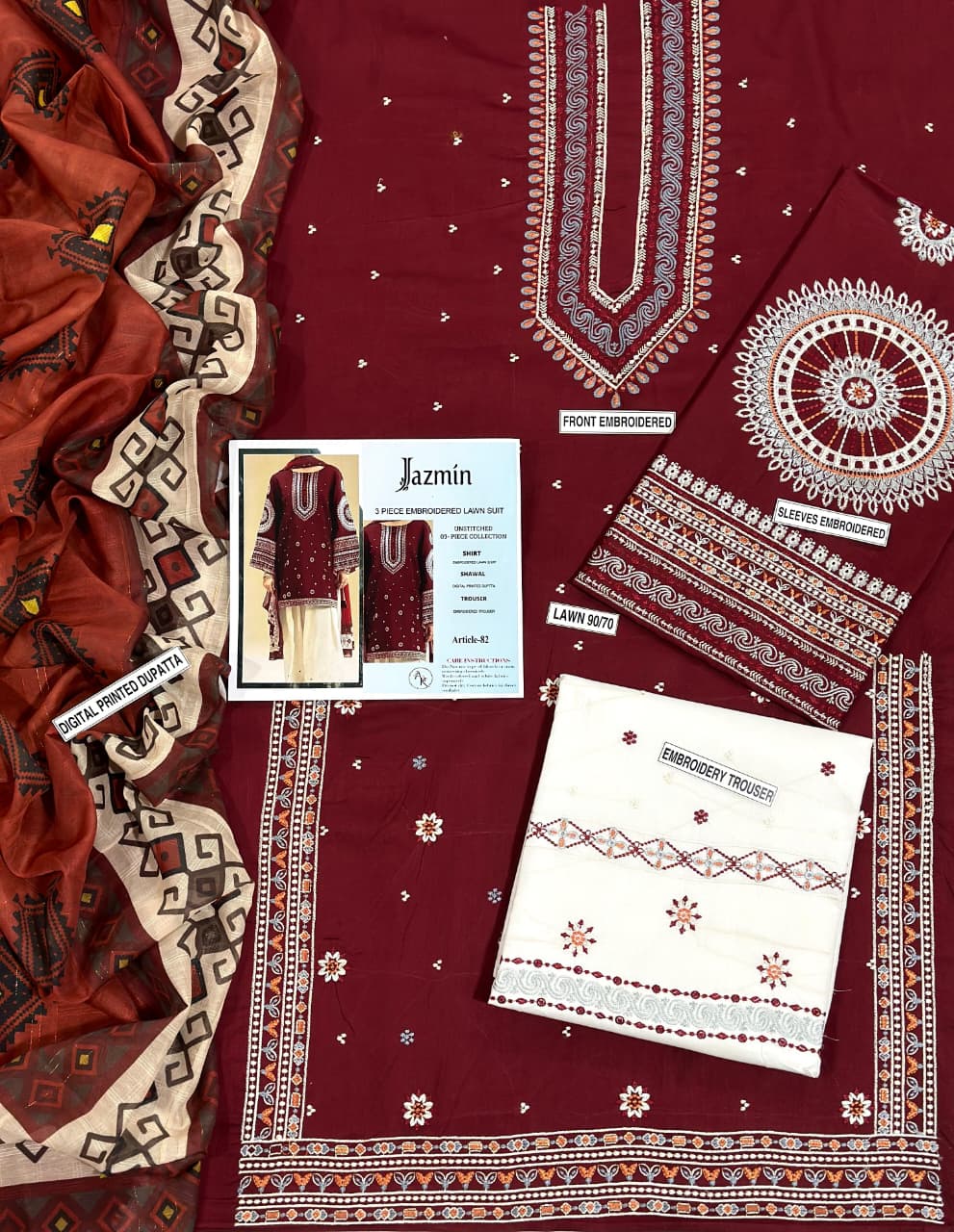 Jazmin 3pc Embroidered Lawn Suit